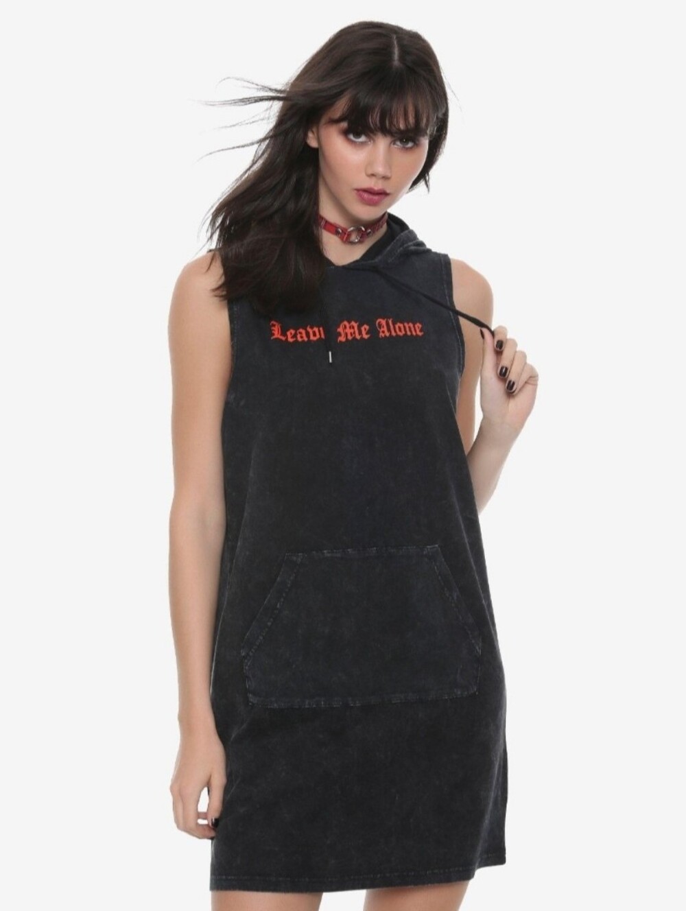 Sleeveless Black Hooded Dress with Red Script